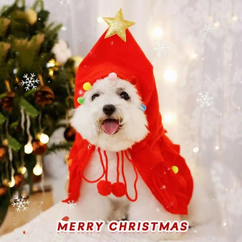 Cat Christmas Outfit Green Pet Cloak with Hat Star Pompoms Puppy Cape Clothes Tree Elf Costumes Party Pet Supplies Accessories