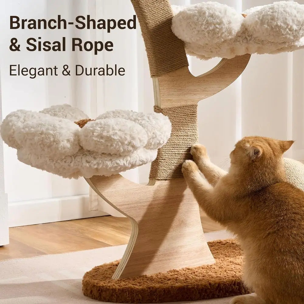 Large Indoor Cat Tree Tower with 37 Height, Modern Design, Flower Beds, Mushroom Scratcher, Interactive Toy, White