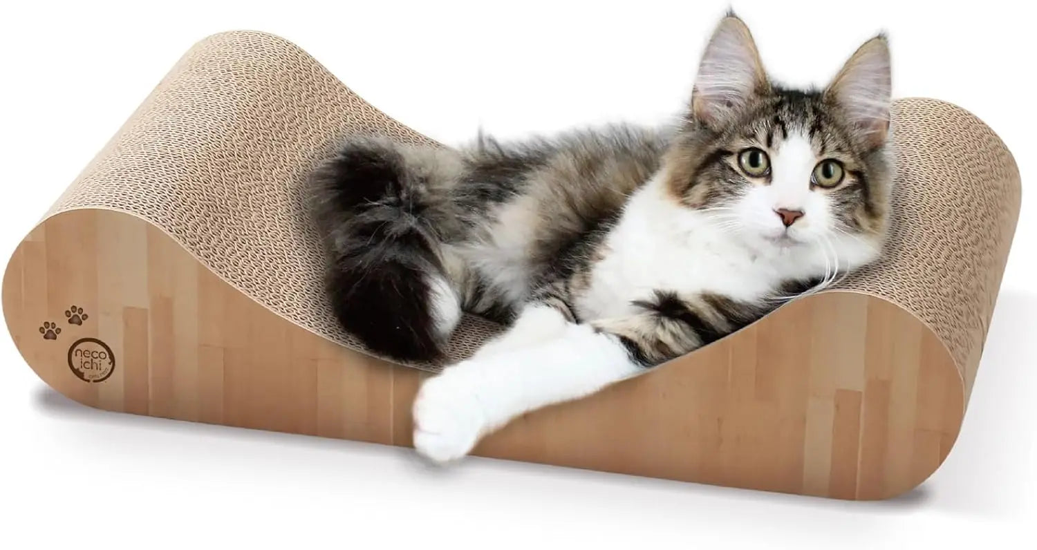 Reversible Cat Scratcher Bed for Indoor Cats - Horizontal Scratch Pad Lounger with Extra Comfort, Curved Design (18", Oak)