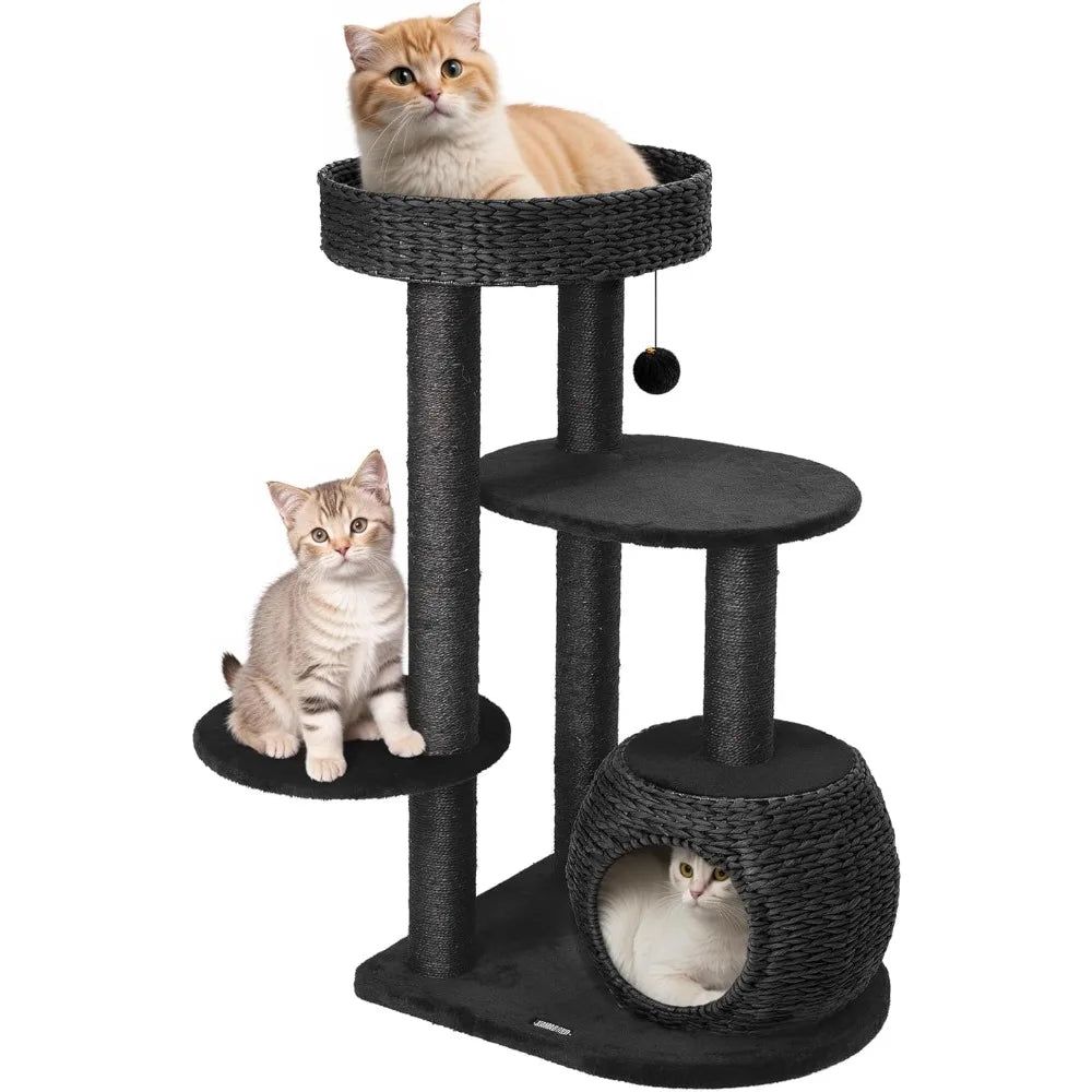 Modern Indoor Cat Tree, 39-Inch Tall Cat Condo with Natural Sisal Scratching Posts and Hand-Woven Tower