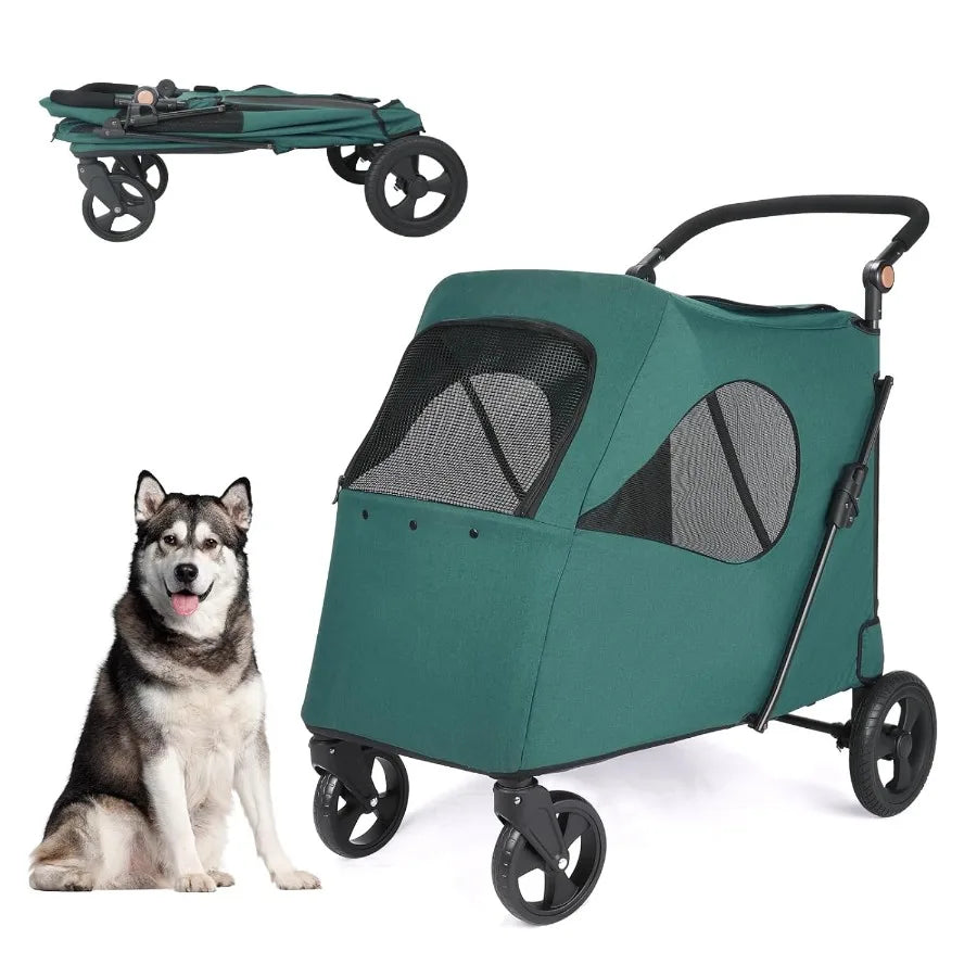 Foldable Dog Stroller for Medium and Large Dogs Travel Carrier with 4 Wheels Adjustable Handle Breathable Design Up to 120 lbs