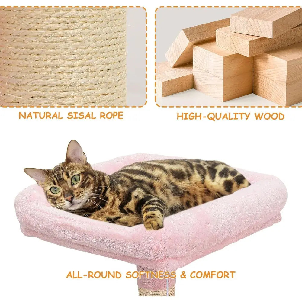 Multi-Level Cat Tower with Scratching Posts, Hammocks, Perch, and Dangling Ball - Pink