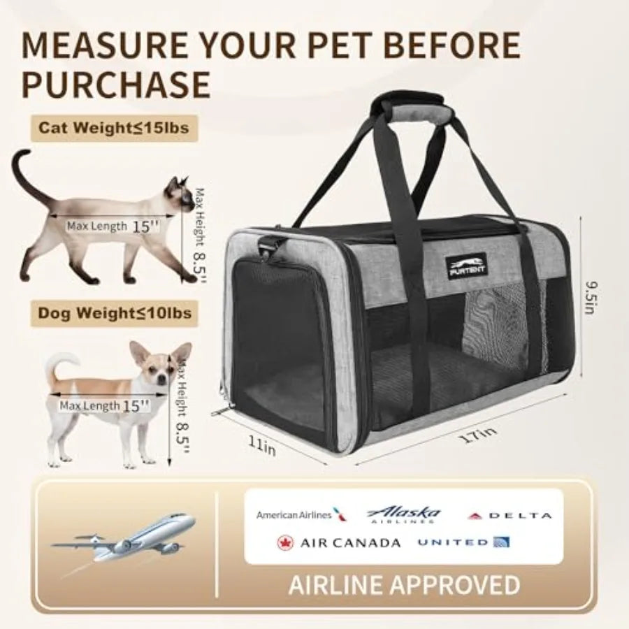 TSA Approved Soft-Sided Foldable Pet Carrier for Small Cats and Puppies Fits Pets Up to 15 lbs Durable Portable Travel Bag with