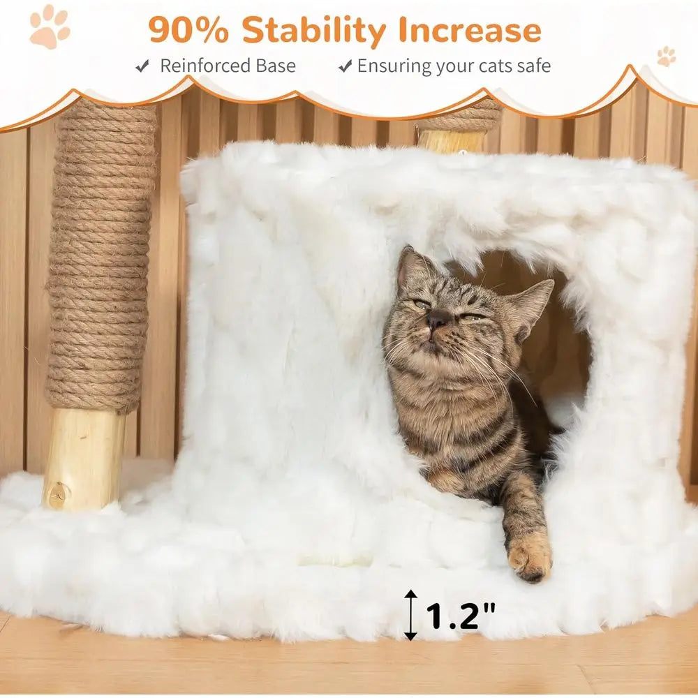 Modern White Cat Tower with Natural Wood, 34 L x 17.7 W x 41.7 H, Unique and Aesthetic Design