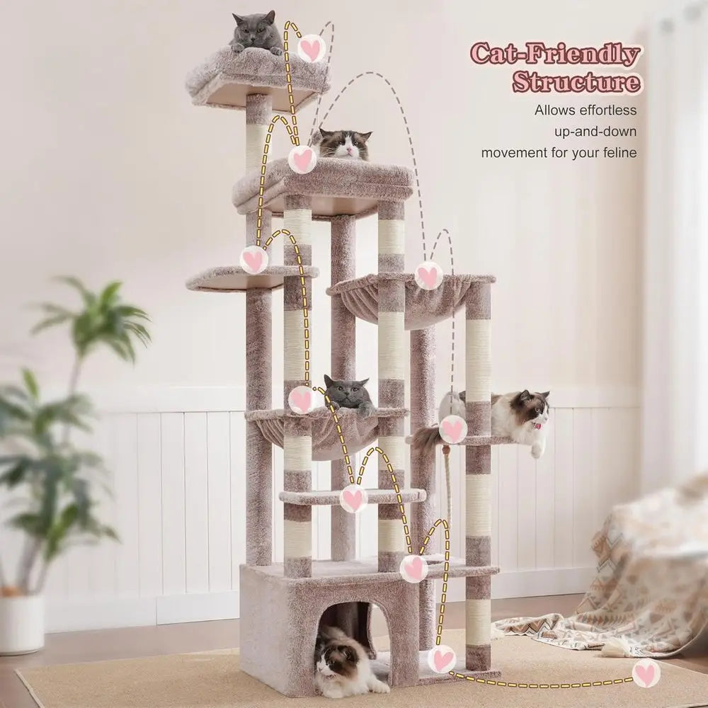 71-Inch Tall Cat Tower for Large Maine Coon Cats with Extra-Large Baseboard, Cat Condo Furniture with Multi-Level Platforms, 2 H