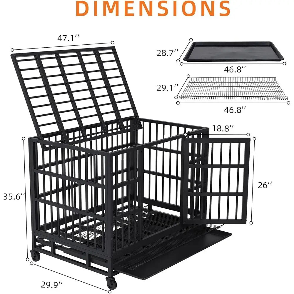 48 Heavy-Duty Dog Crate, Unbreakable & Secure Cage with Lockable Wheels, Double-Door Anxiety-Relief, Removable Tray, Black