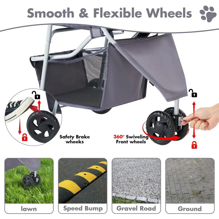 3 Wheels Pet Stroller for Small Dogs and Cats Foldable Dog Stroller with Mesh Windows, Storage Basket Cup Holder, Lightweight Du