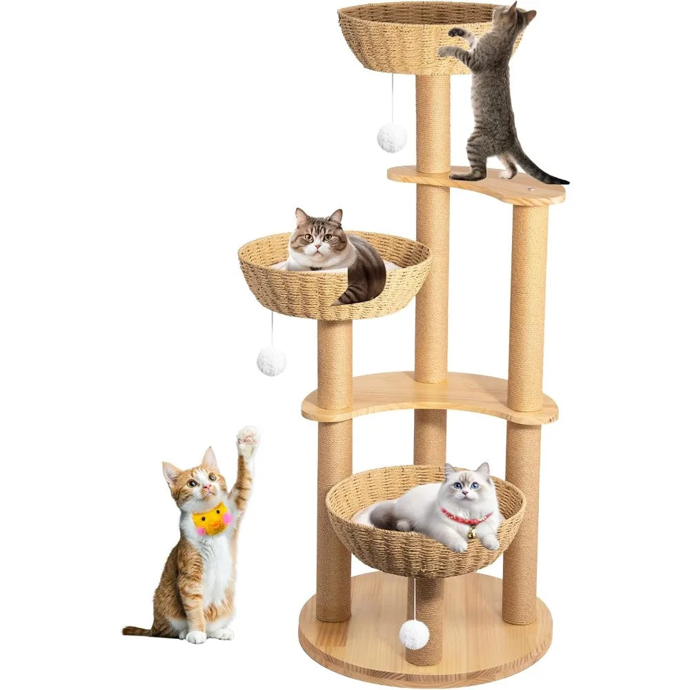 Oak Wood Indoor Cat Tower with 3 Woven Nests and 8 Scratching Levels for Large Cats