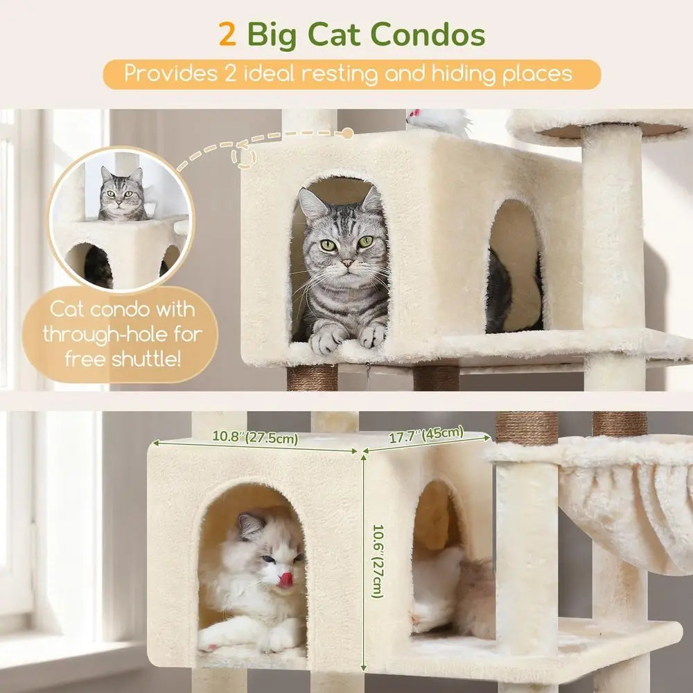 Sturdy 82in High Cat Tower for Large Cats with 8 Scratch Posts, 2 Condos, 2 Perches, 3 Baskets, Beige
