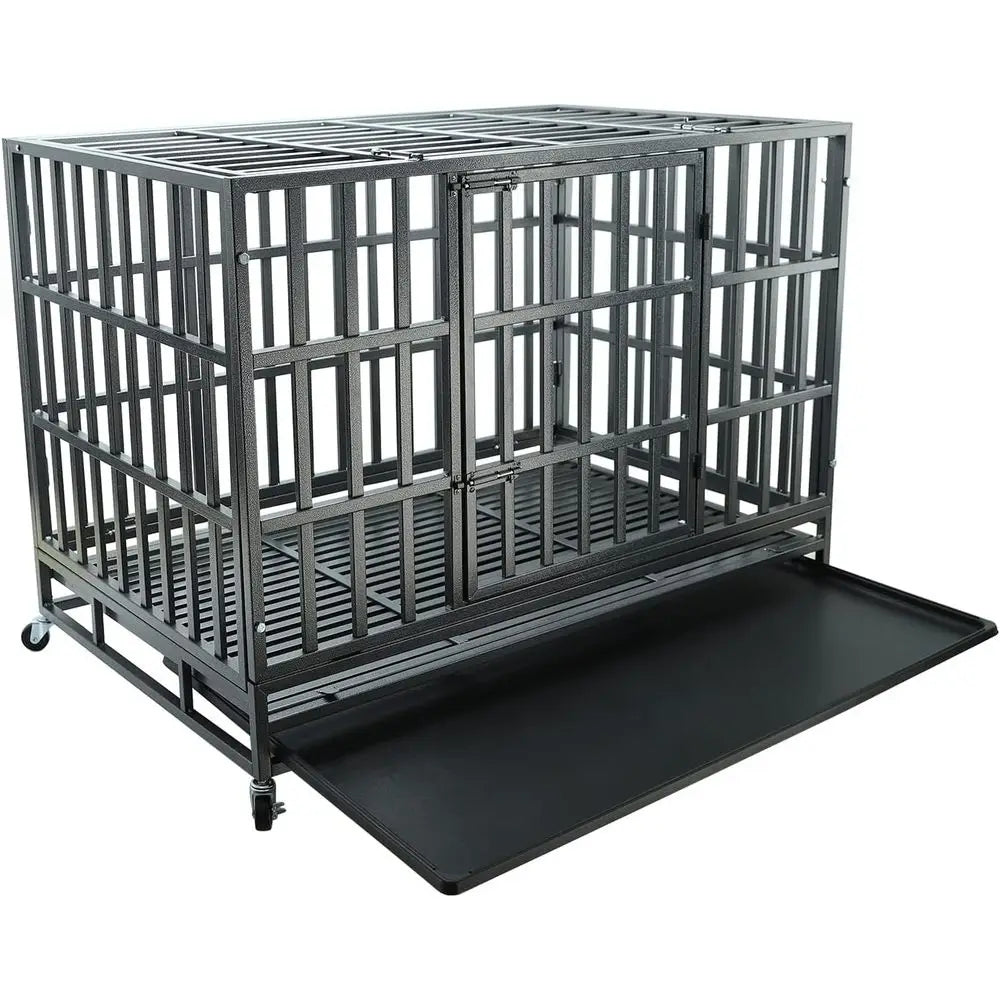 Sturdy 47 Metal Dog Crate for Medium to Large Dogs with Double Doors, Locks, and Wheels