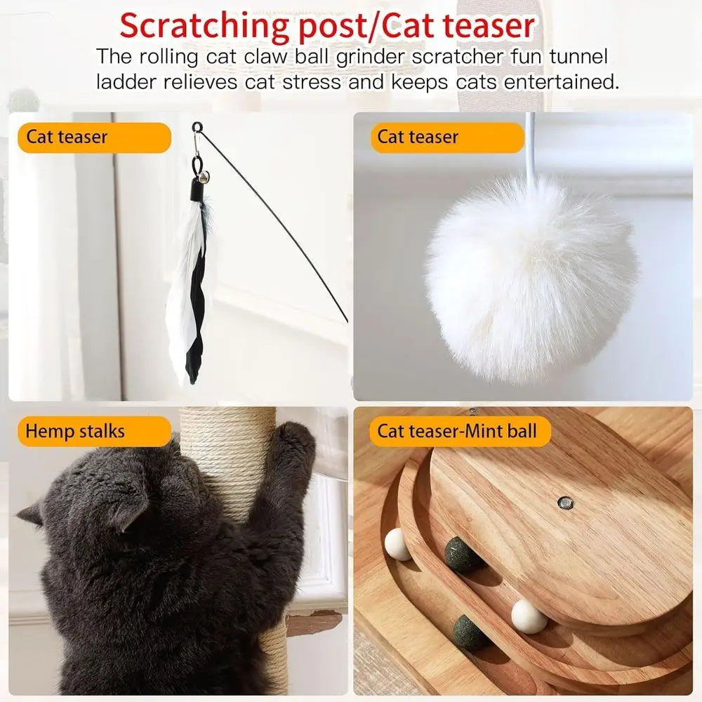 4-Tier Modern Indoor Cat Tree Tower, 34 Height, with Space Capsule Nest, Hand-Woven Basket, Feather Toy, Hanging Balls, and Sisa