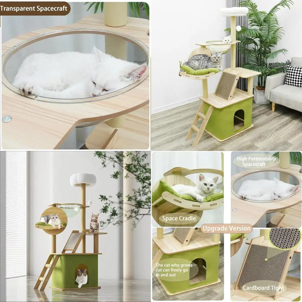 Green 59-Inch Large Cat Tree with Condos, Scratchers, Hammock, Capsule, Plush Platform, and Hanging Ball for Indoor Cats