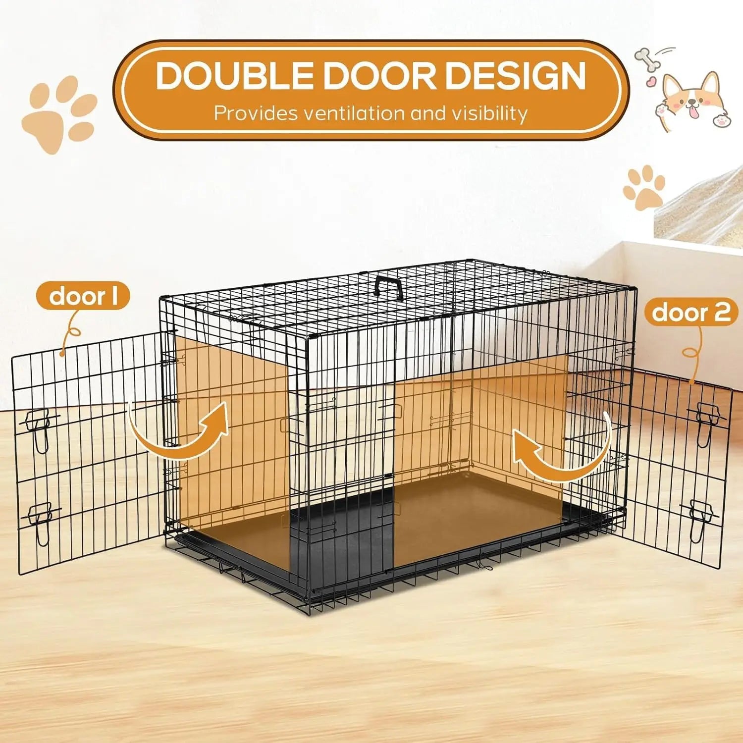 Extra Large 48 Inch Double Door Portable Dog Cage with Leak-Proof Tray, Foldable for Indoor Training and Outdoor Travel