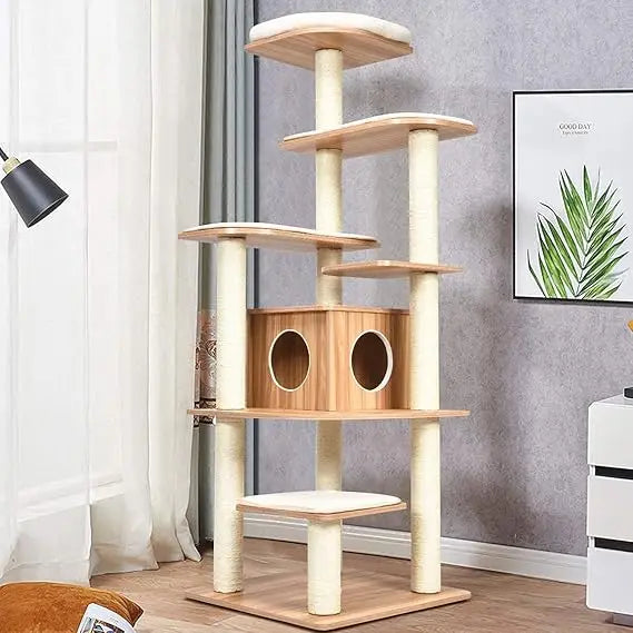 69-Inch Tall Modern Cat Tower with Sisal Rope and Multi-Level Platforms