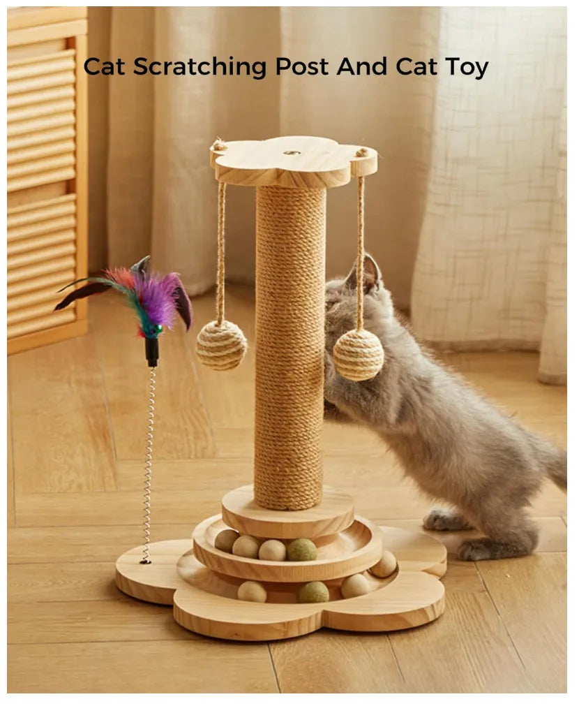 Cat Scratcher 4 in 1 Wooden Cat Scratching Post 18 Inch Tall Scratch Pad Toy for Cats Kitten Exercise Climbing Play Center