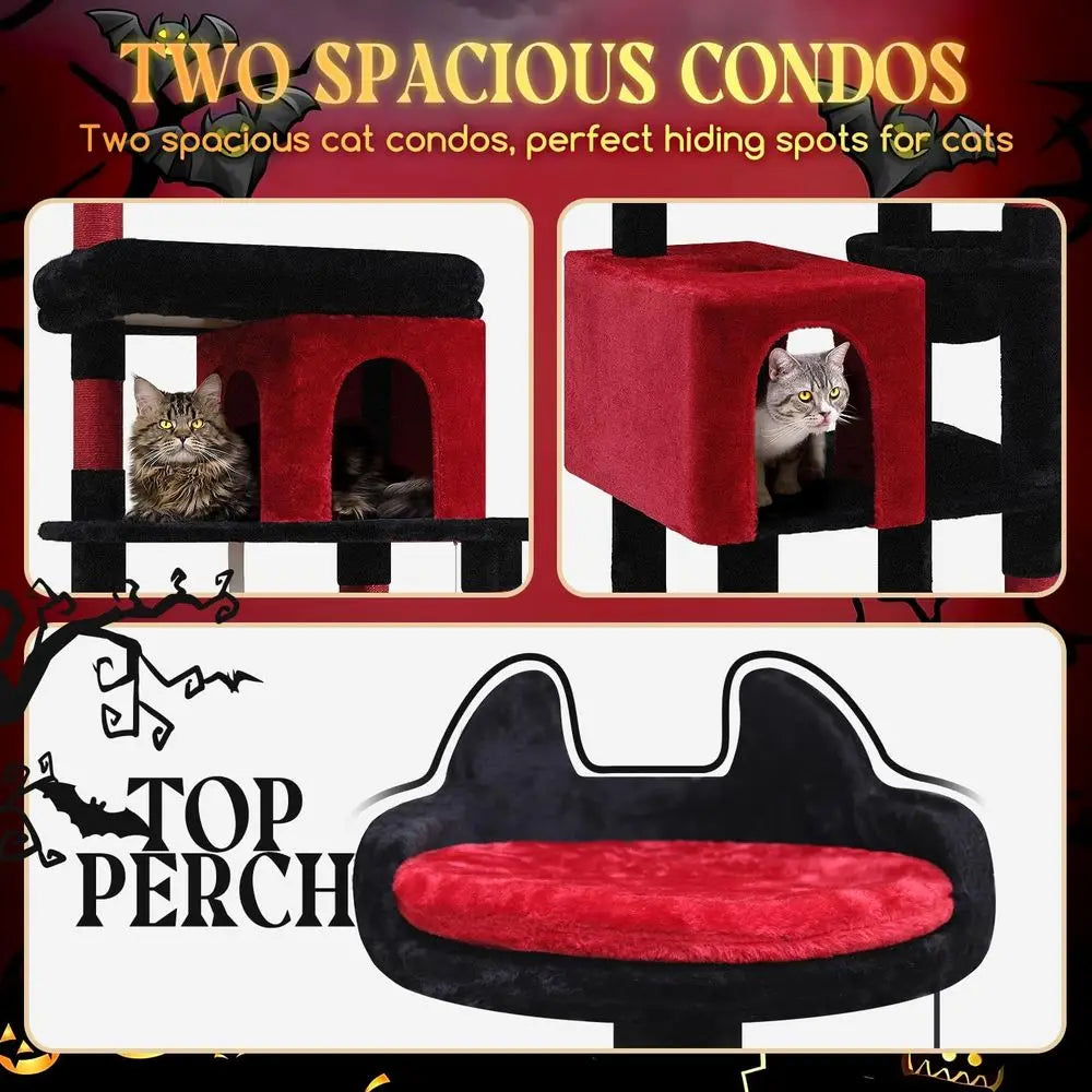 Sturdy 72 Gothic Cat Tower for Large Cats, Coffin Bed, 6 Scratching Posts, Hammock, Black & Red