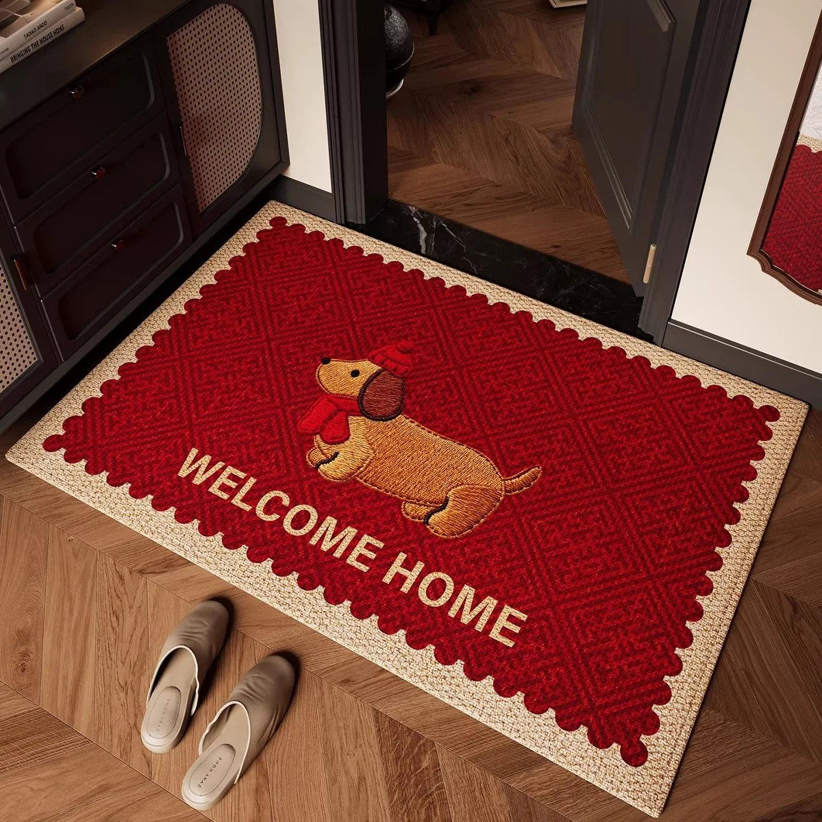 Welcome Home Carpet Mat Rug Home Decoration Dachshund Dog Pattern Red Beige Vintage American Style Floor Decor Welcome Mat