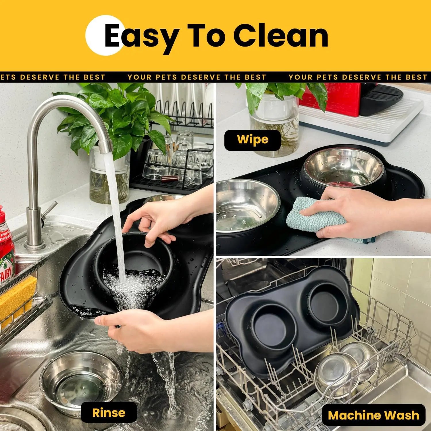 No Spill Dog Bowls with Silicone Mat, Dishwasher Safe Stainless Steel Set for Small Pets under 8lbs, Black