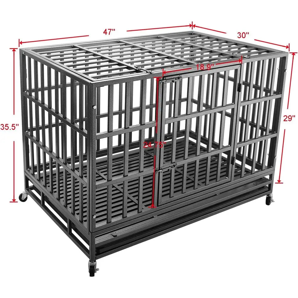 Sturdy 47 Metal Dog Crate for Medium to Large Dogs with Double Doors, Locks, and Wheels