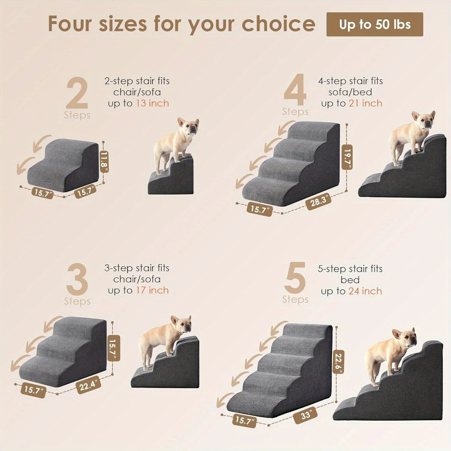 [4-Step Curved Dog Ramp] 4-Step Non-Slip Curved Dog Stairs Ramp for High Beds 20" Height | Soft Grey Carpeted Steps.Labubo.