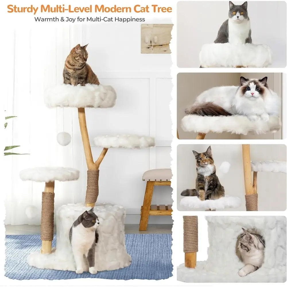 Modern White Cat Tower with Natural Wood, 34 L x 17.7 W x 41.7 H, Unique and Aesthetic Design