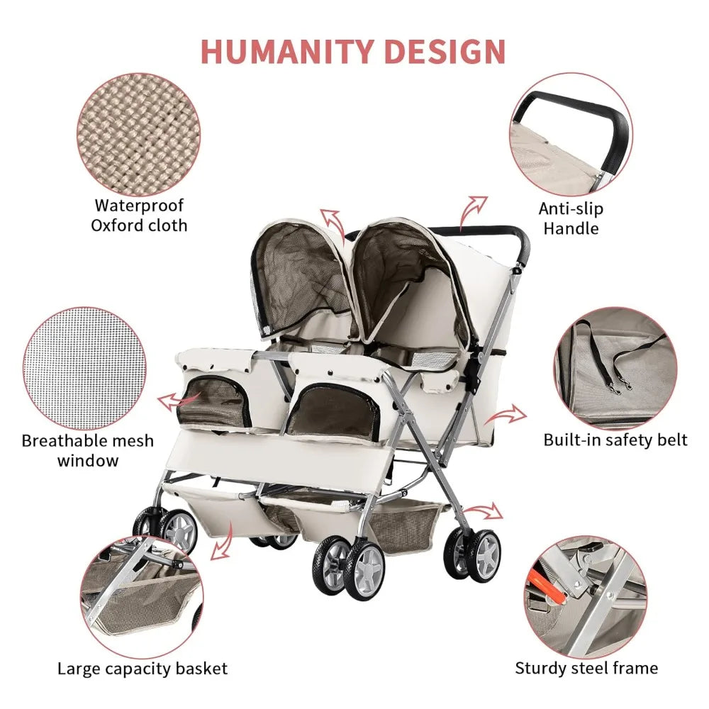Pet Stroller, Foldable Stroller for 2 Dogs & Cats, Two-Seater Carrier Twin Dog Walk Jogger Travel Pet Carriage Cart