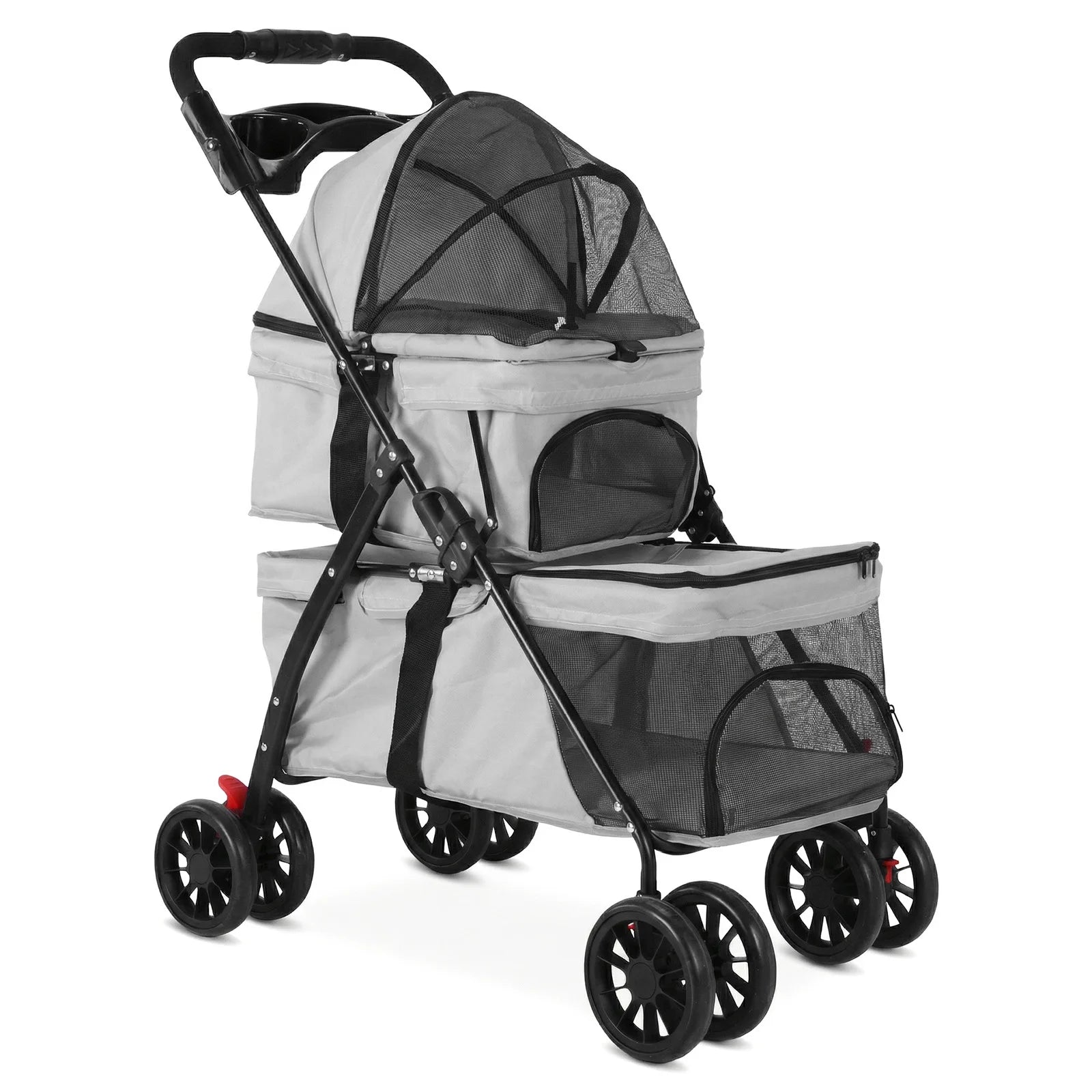 Cat Stroller for Dogs and Cats Foldable Cat Carrier with Safety Belts Cup Holder & Lockable Wheels Ideal for Multi-Pet Families
