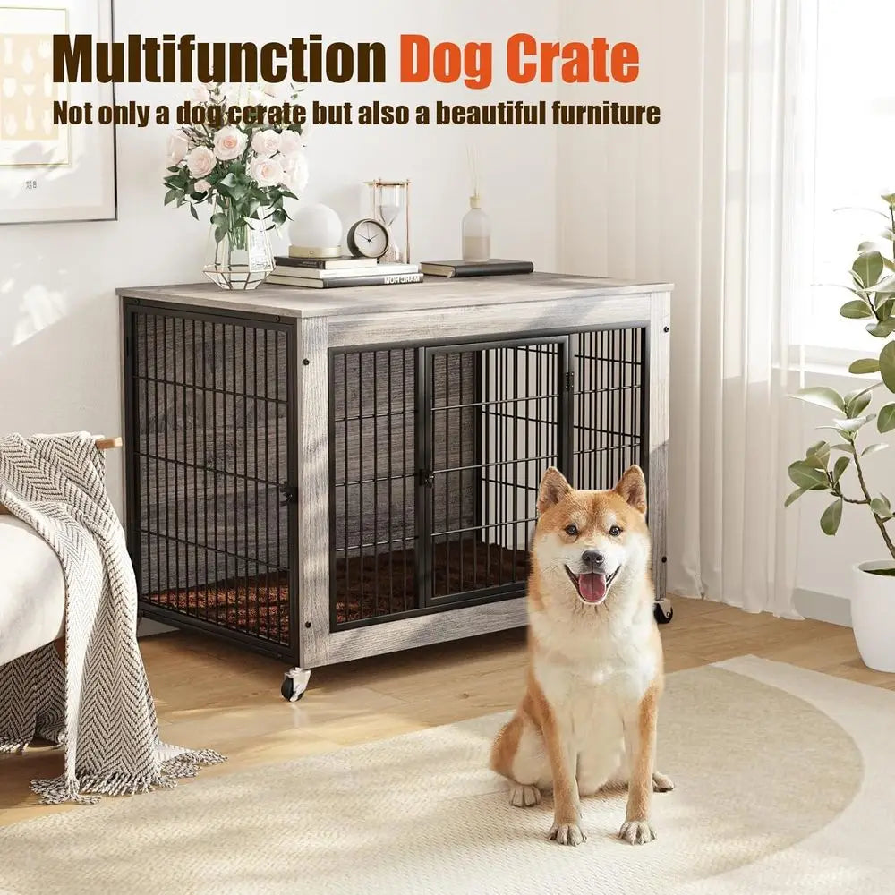 Gray 38 Dog Crate Furniture with Cushion, Wooden Indoor Kennel Cage, Double Wheels, Decorative Side Table for Large & Medium Dog