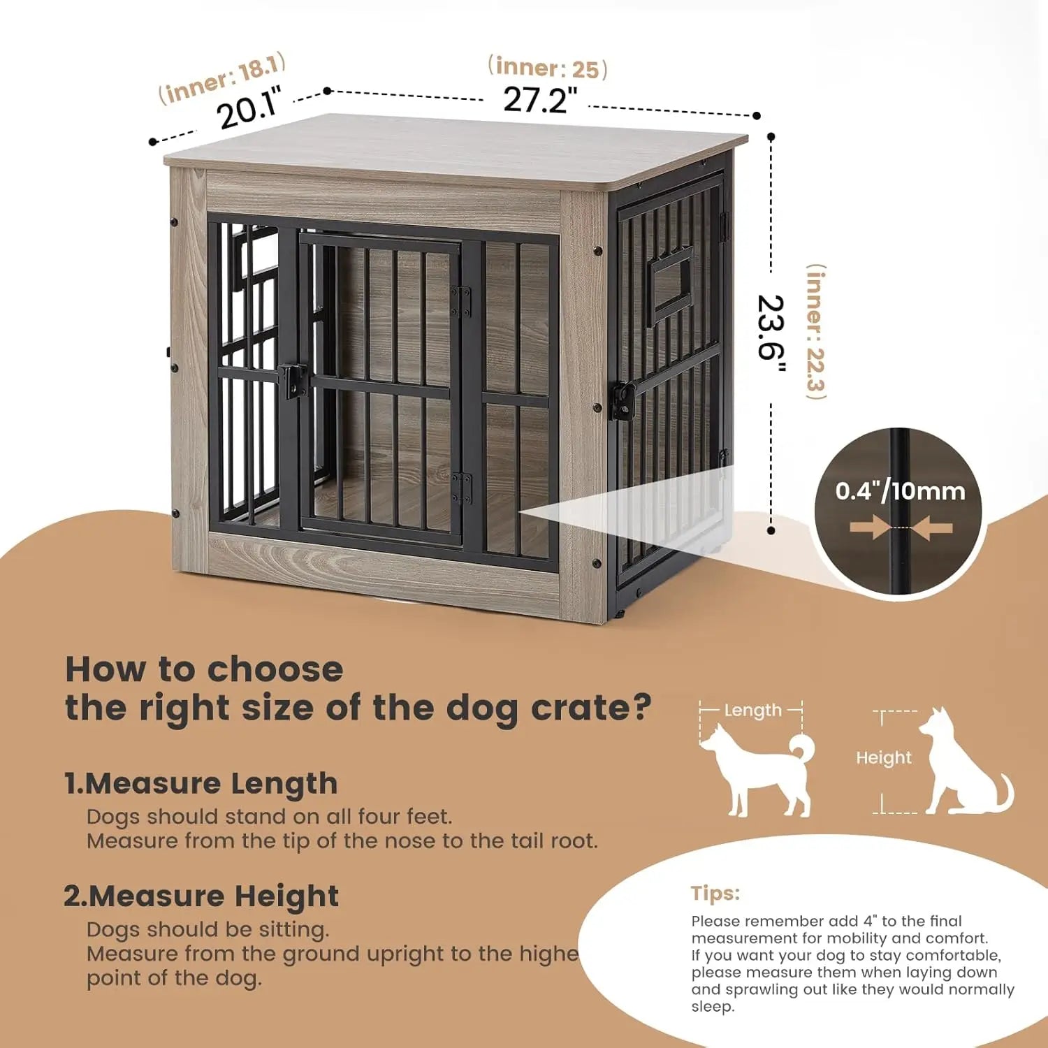 27 Inch Rustic Grey Wooden Dog Crate Furniture with 3 Doors for Small Dogs, Indoor Pet House End Table