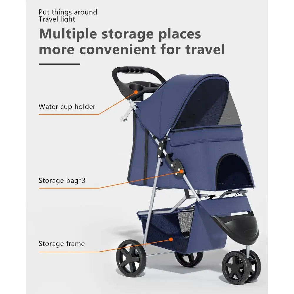 Three-Wheel Pet Stroller for Small/Medium Dogs and Cats, Portable Travel Carrier, Rear Brakes, Storage Basket, Weather-Resistant
