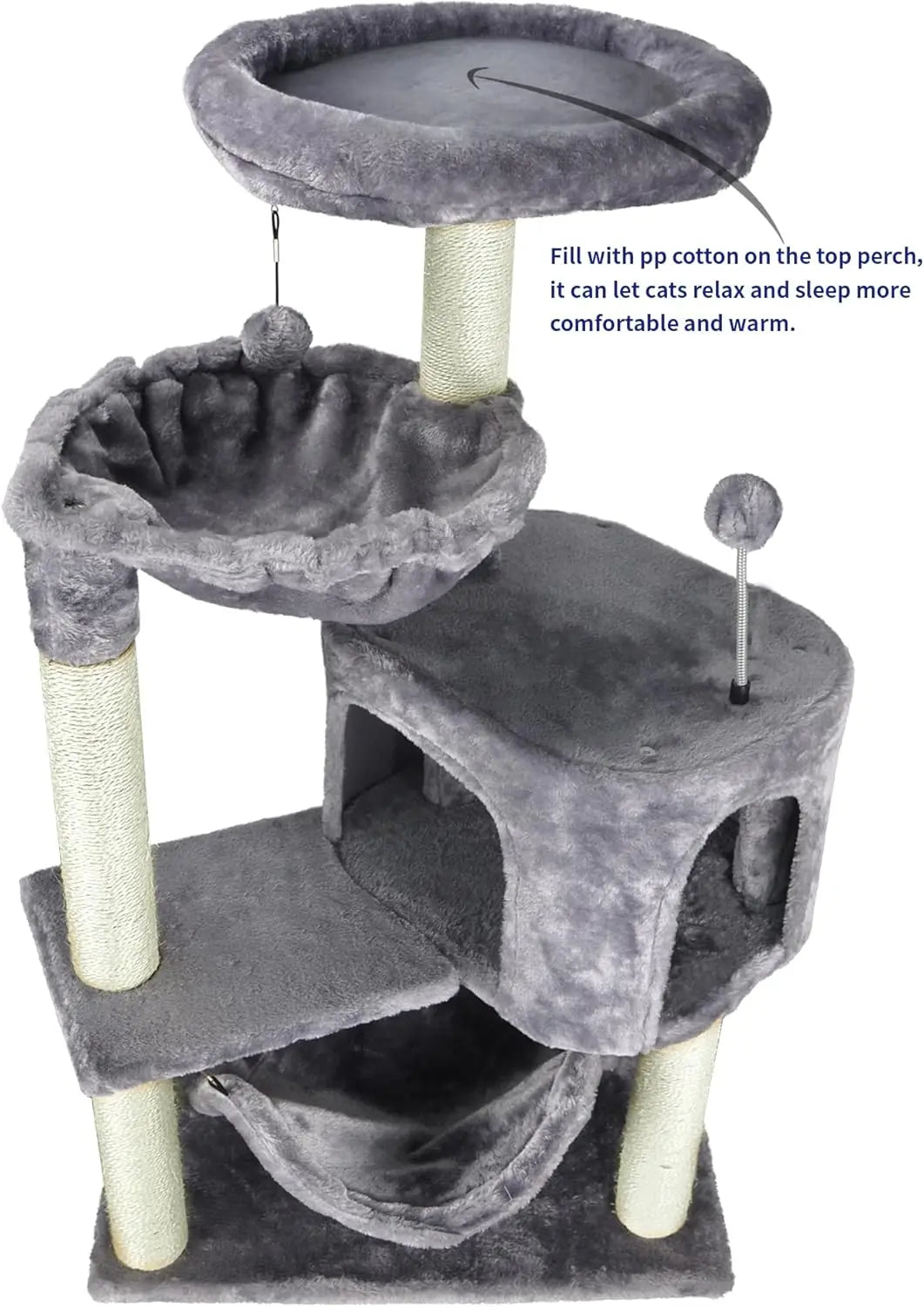 Grey Cat Tree with Multi-Level Condo, Large Hanging Hammock, and Scratch Post for Indoor Cats