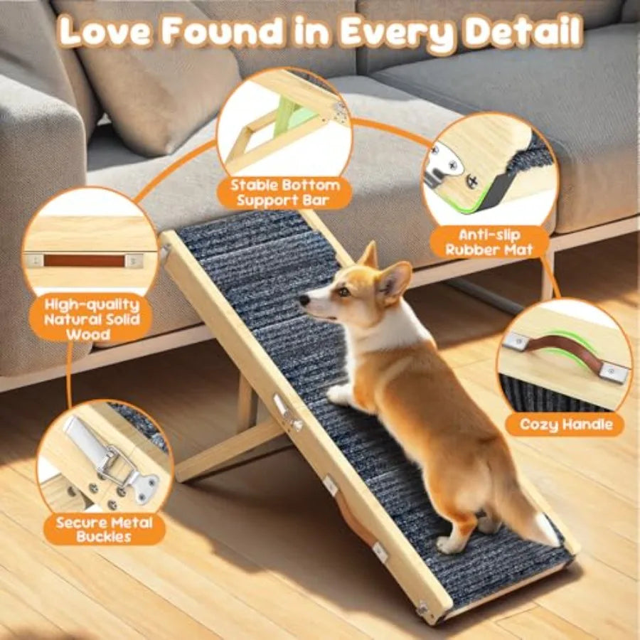 Foldable Dog Ramp for Small Dogs on Couch Low Bed 4 Adjustable Heights from 13 to 21 Stable Non-Slip Wooden Pet Steps Portable