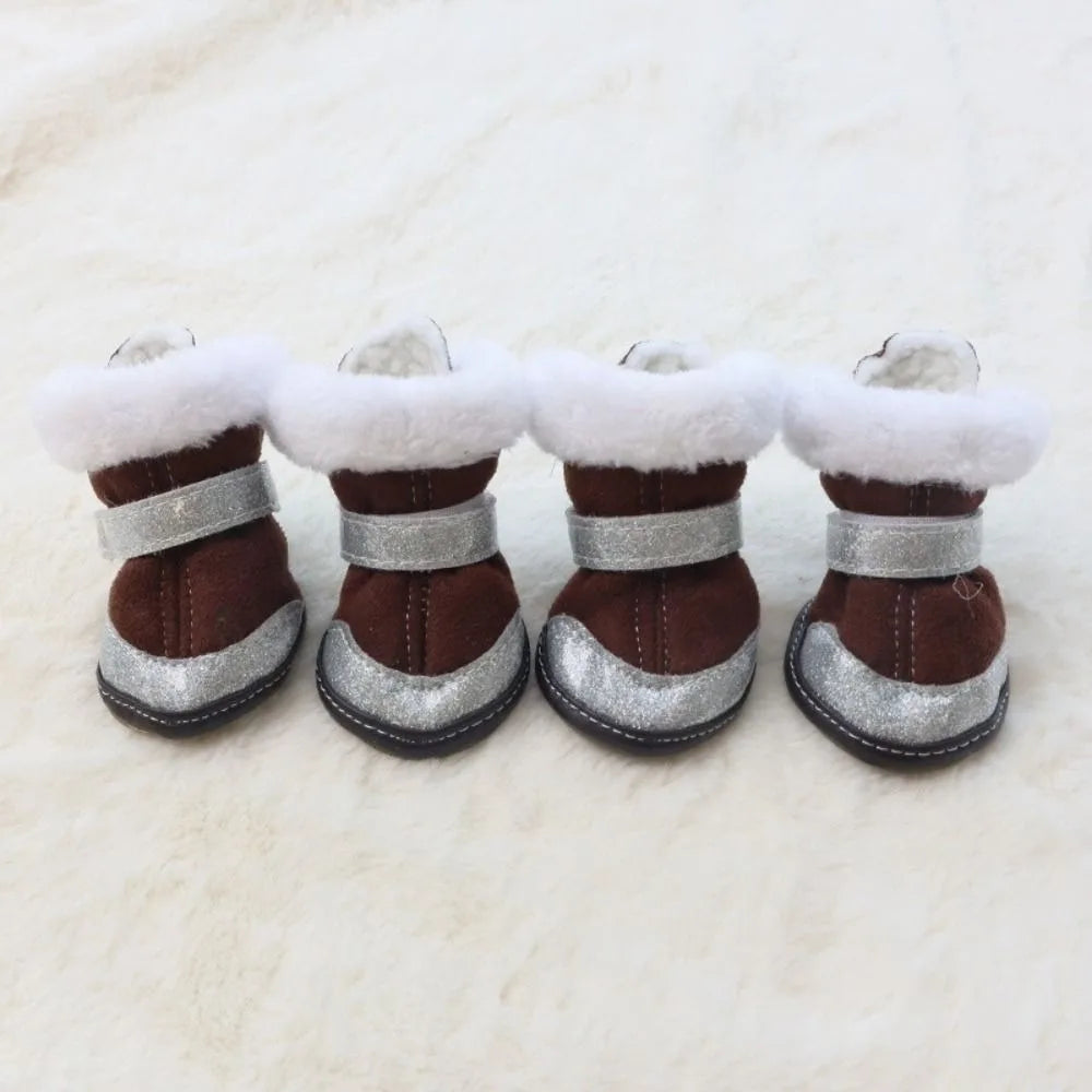 4Pcs/Set Waterproof Winter Dog Shoes Warm Thickened Anti-slip Dog Shoes Velvet Adjustable Puppy Boots Outdoor Indoor