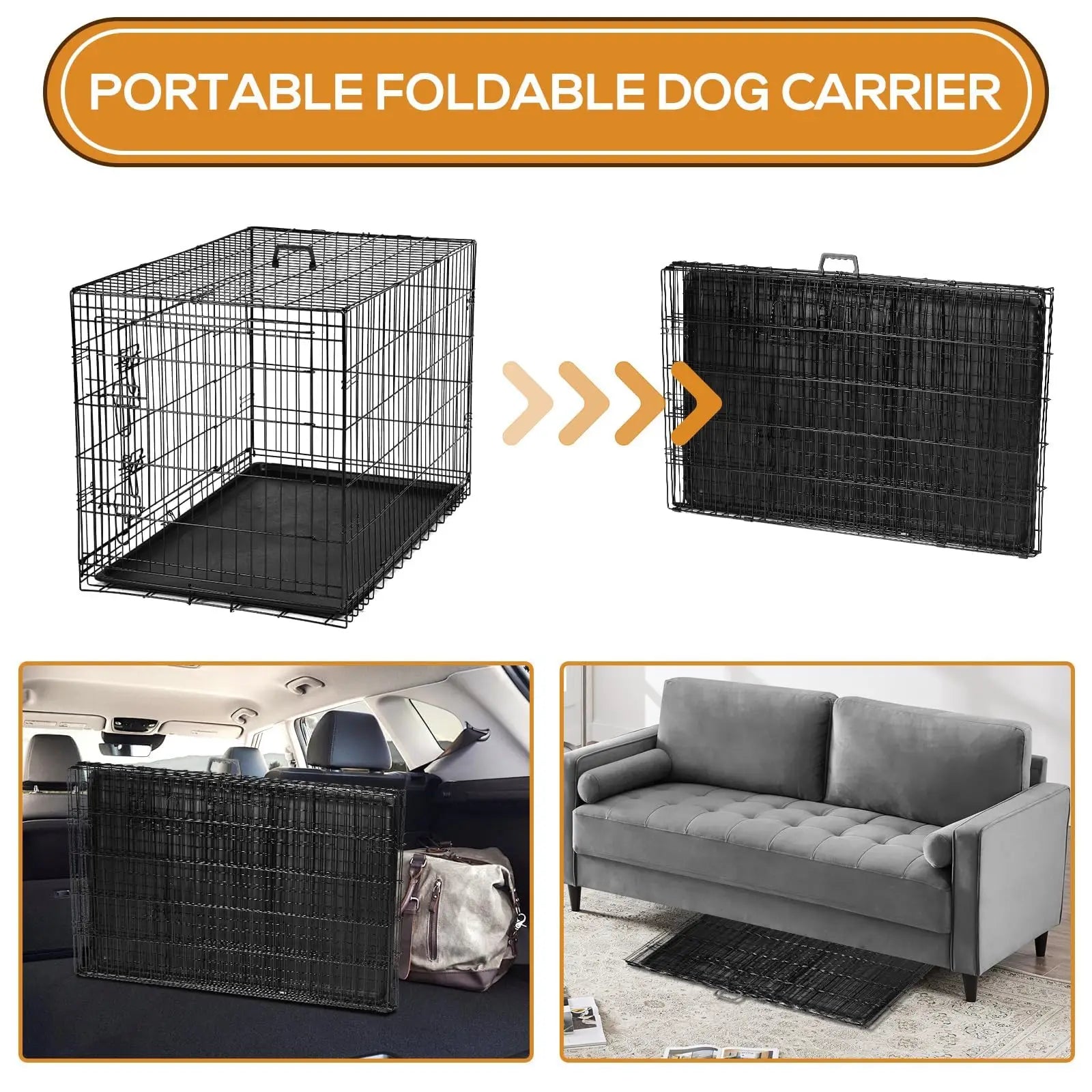 Dog Crate Medium 36 Inch Double Door Portable Metal Wire Pet Kennel Secure Lock Leak Proof Pan Tray Foldable