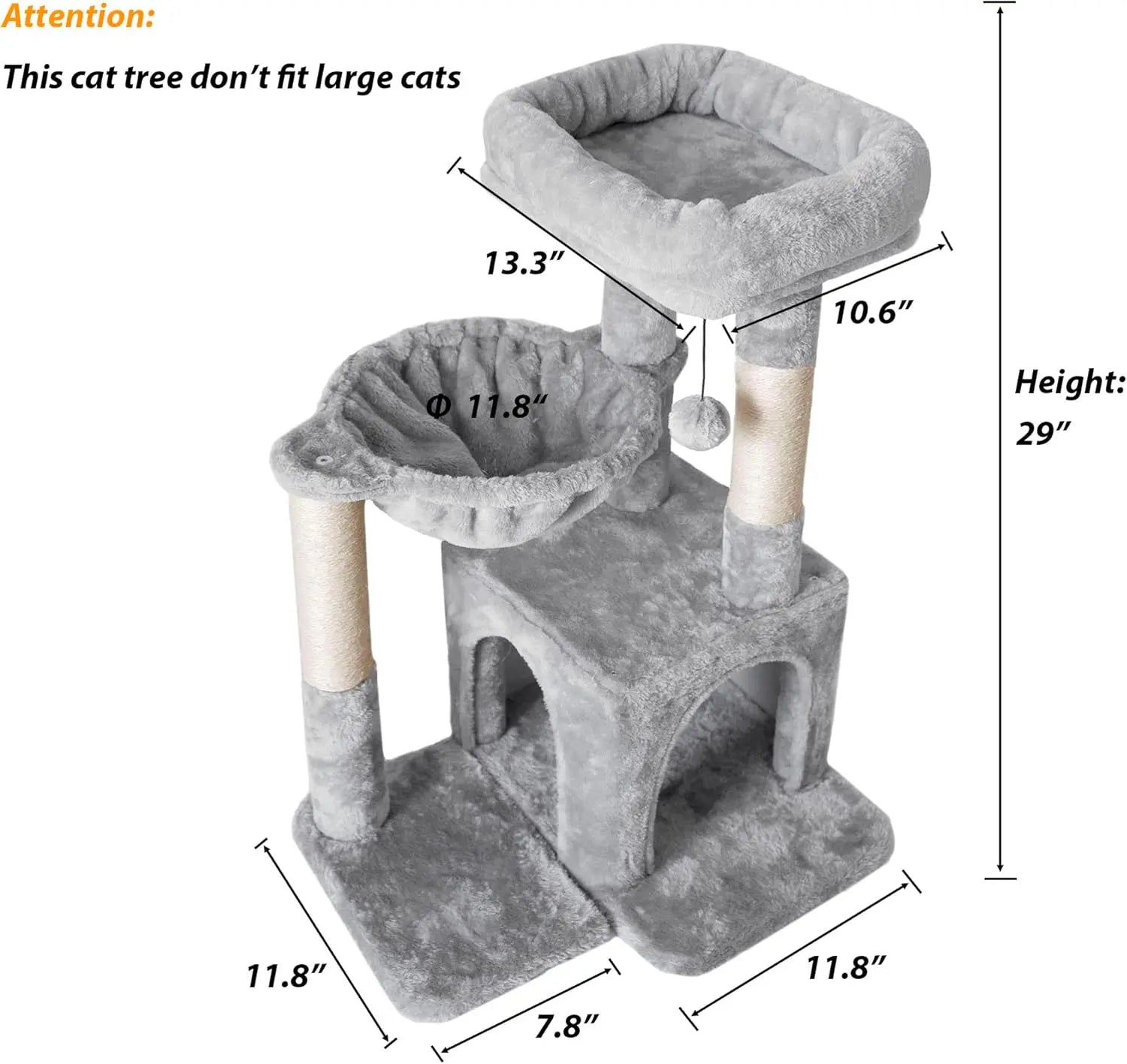 Compact Cat Tree with Sisal Scratching Post and Hanging Hammock in Light Gray Tone for Small Cats