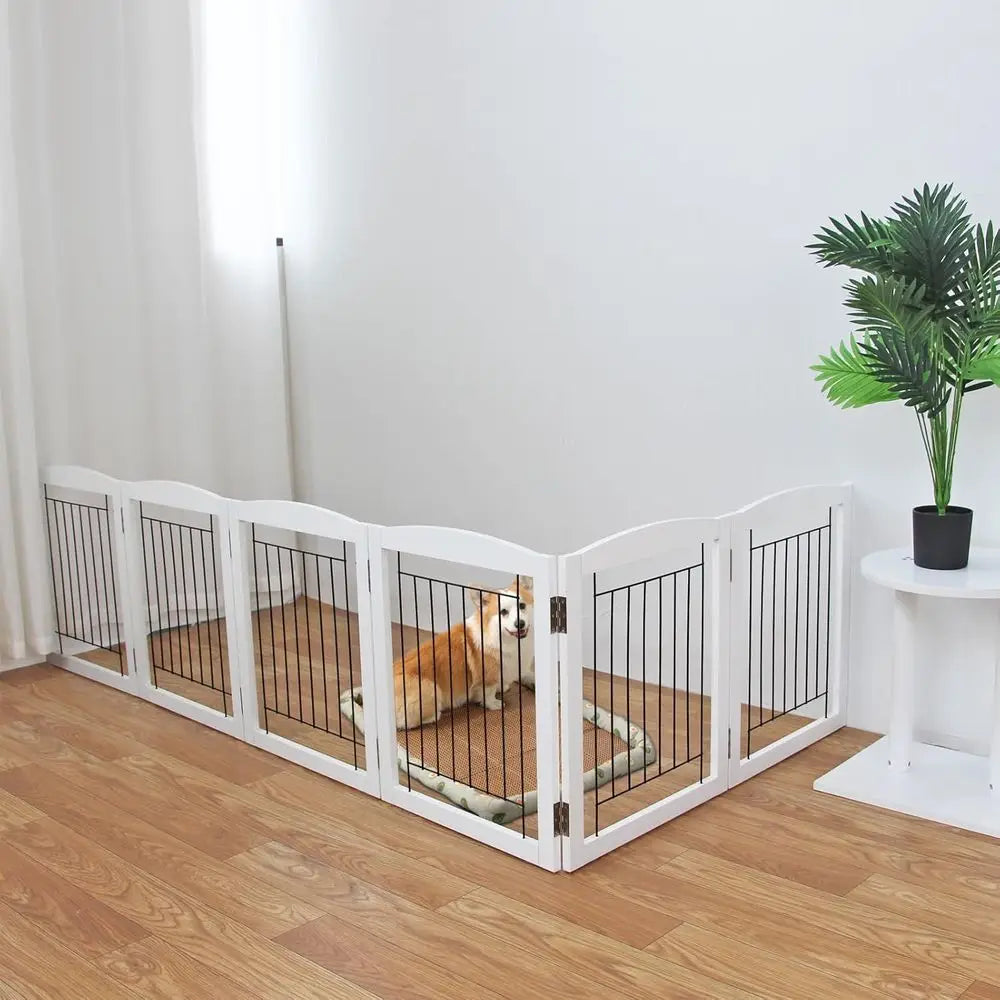 Freestanding Foldable Dog Gate for House Extra Wide Wooden White Indoor Puppy Gate Stairs Dog Gates Doorways Tall Pet Gate 4 Pan