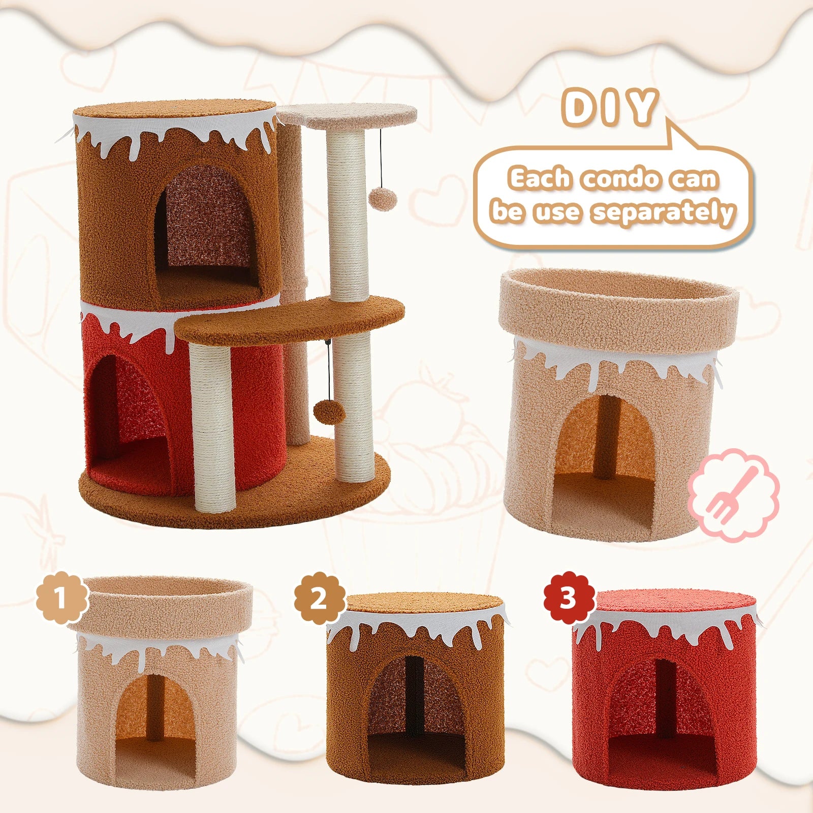 43'' Cat Tree Cat Condos Cat Tower House with Large Top Perch and Sisal Covered Scratching Posts for Indoor Cats Gift