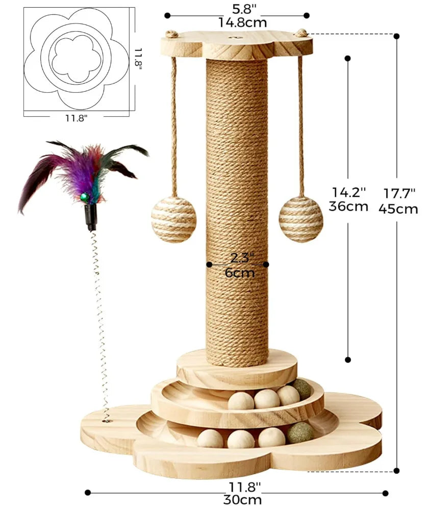 Cat Scratcher 4 in 1 Wooden Cat Scratching Post 18 Inch Tall Scratch Pad Toy for Cats Kitten Exercise Climbing Play Center
