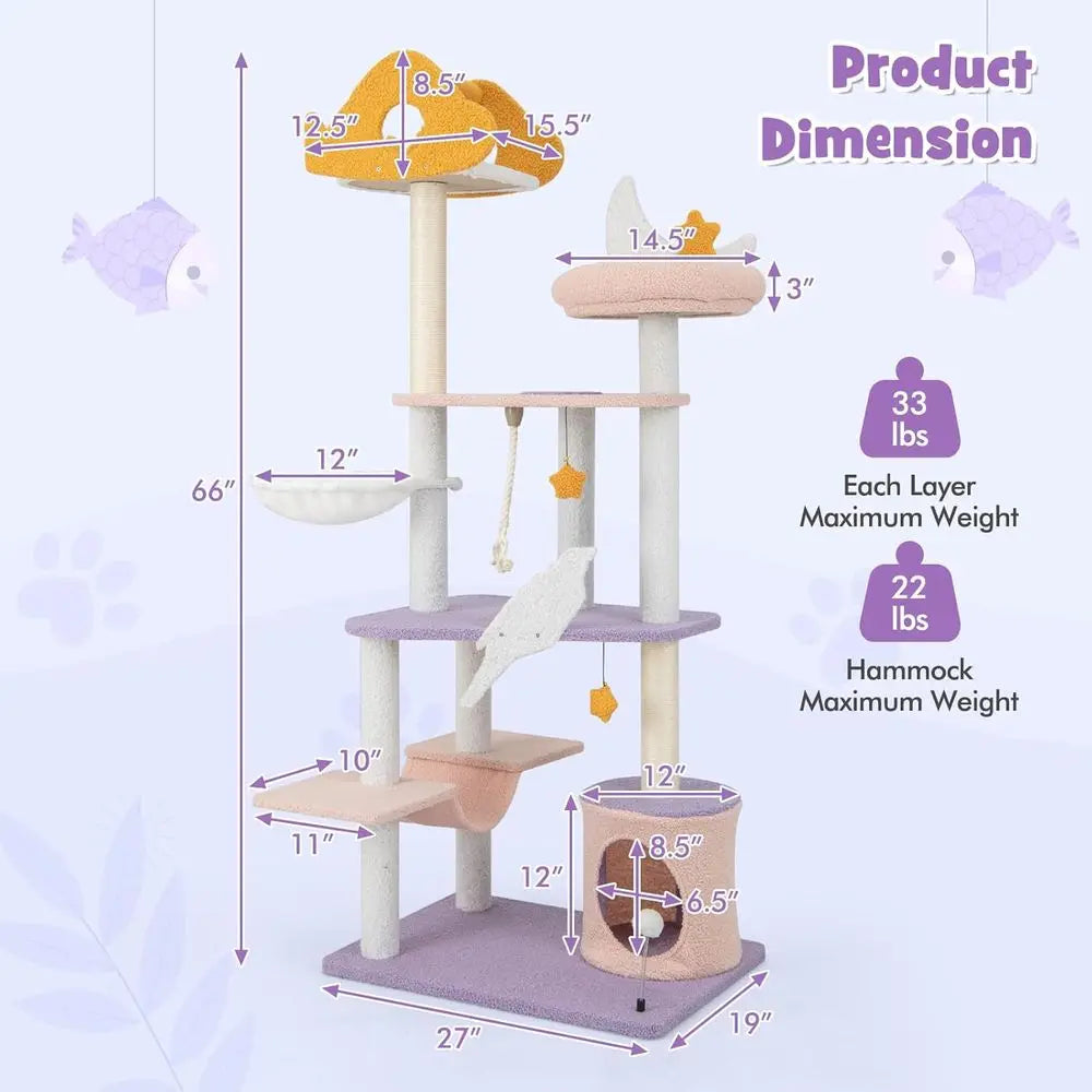66 Star & Moon Indoor Cat Tree Tower with Multi-Level Platforms, Sisal Posts, Hammock, Toys