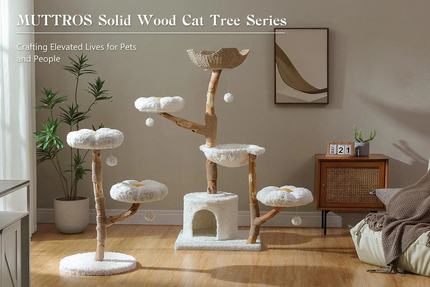 59" Modern Cat Tree Tower for Large Cats w/2 Flower Perches-Natural Solid Wood Scratching Post with Real, Customized