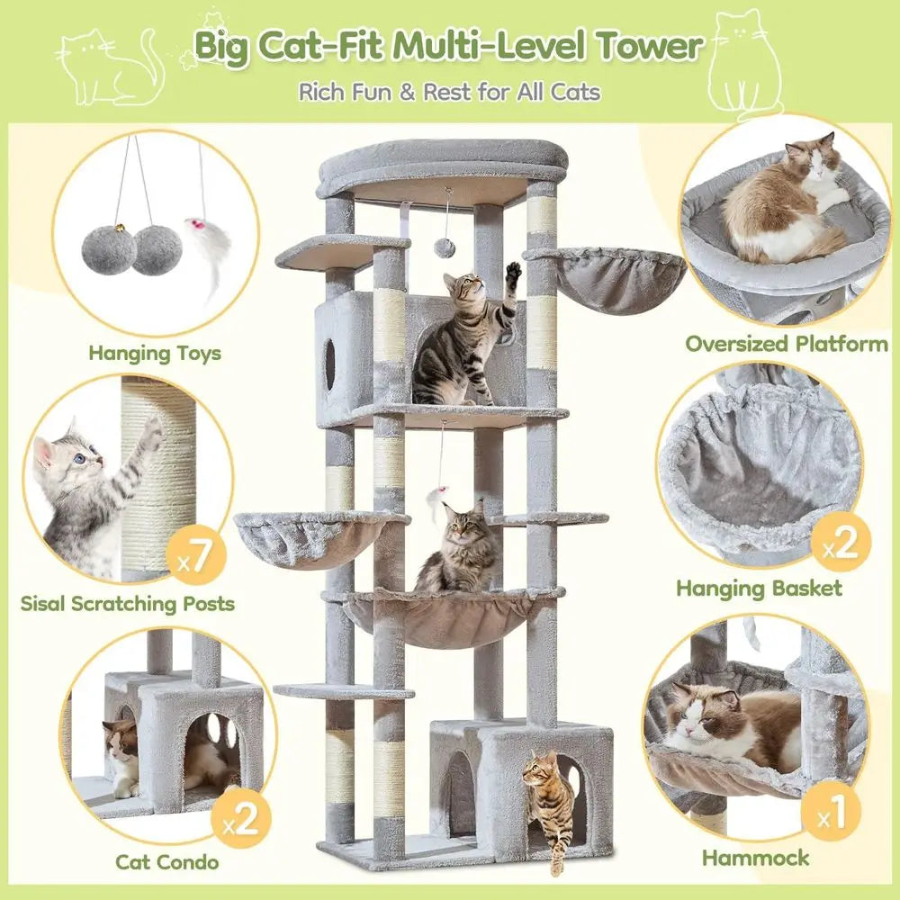 72 Inch Cat Tree, XXL Cat Tower or Indoor Cats Large Adult 25Lbs+, Extra-Large Platorm, 2 Cat Houses, 7 Scratching Post, Extra-S