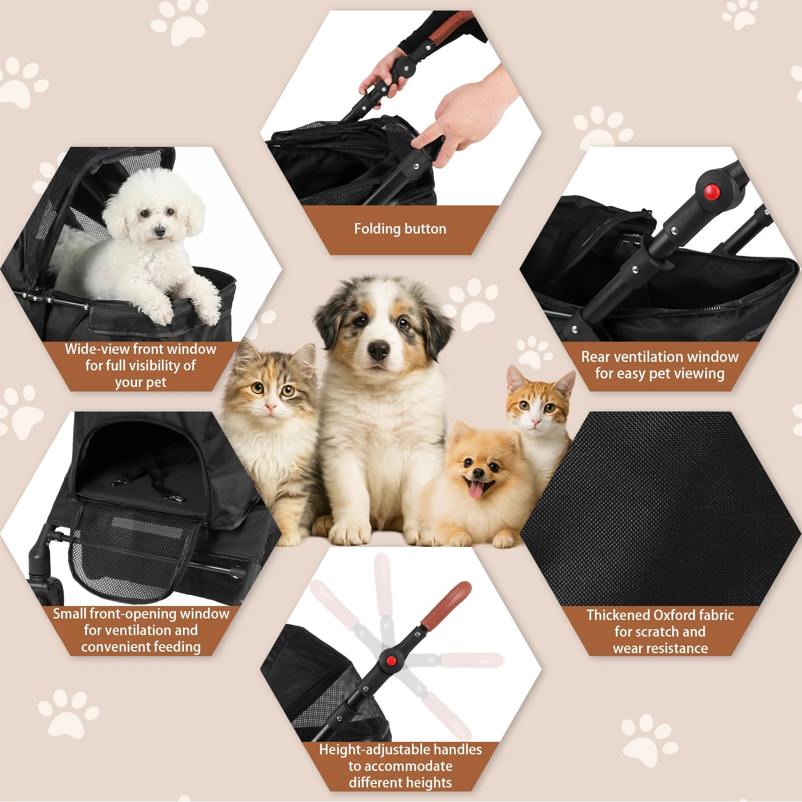 Smooth-Ride Dog Stroller Removable Cushion & Reflective Strips Foldable Travel Jogger Adjustable Handle for Small & Medium Dogs