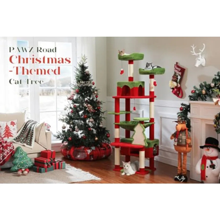 72-Inch Tall Christmas-Themed Cat Tree with 2 Perches 2 Cozy Condos Spacious Hammock Xmas Tree Design Scratcher and 7 Durable S