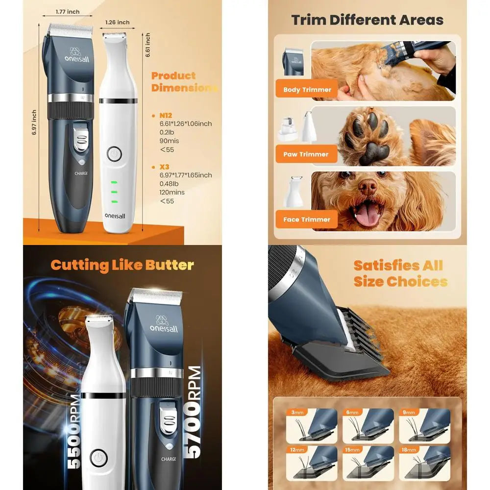 All-in-One Cordless Dog and Cat Grooming Kit: Low Noise Clippers & Paw Trimmer for Pets