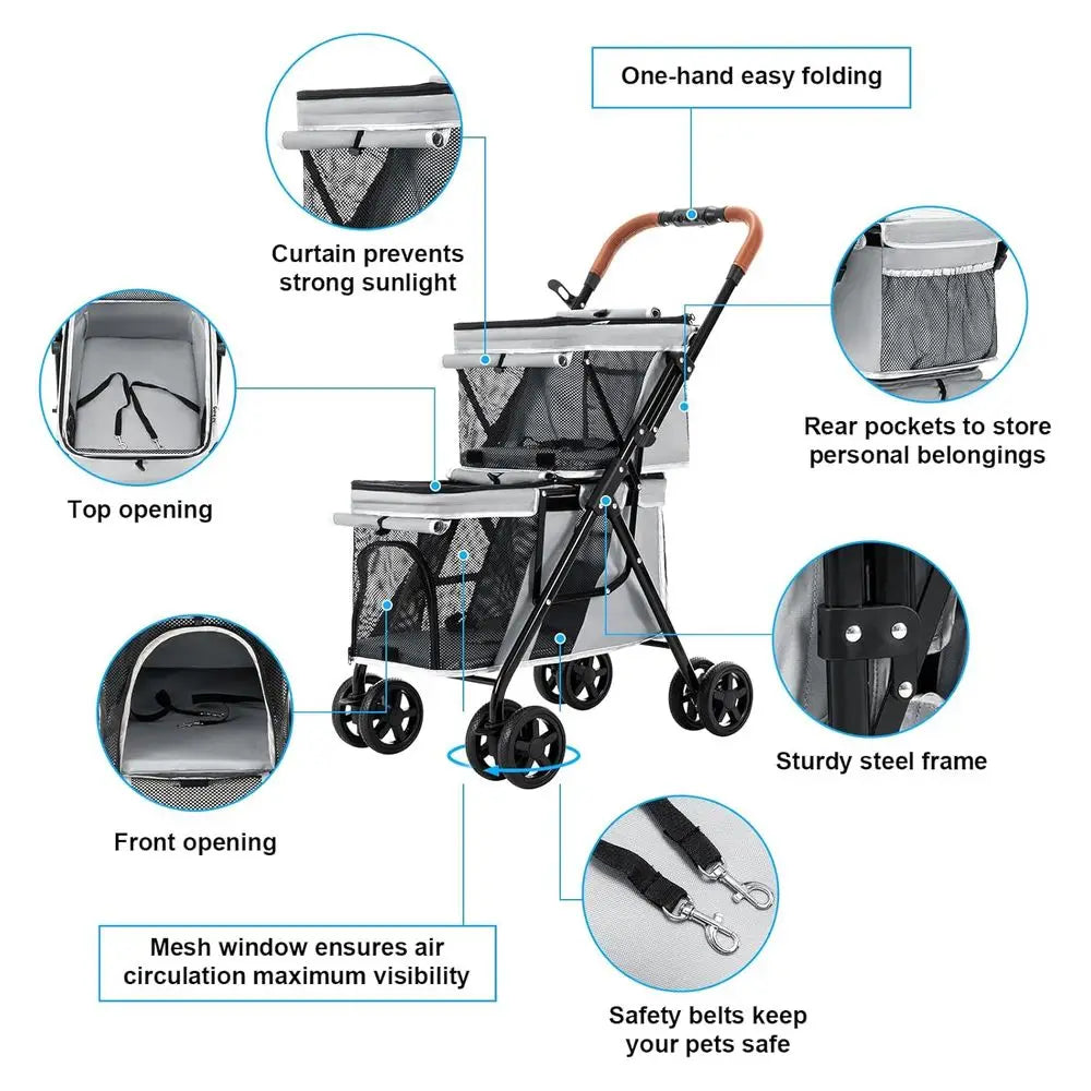 Pet Stroller for Dogs and Cats, One-Hand Folding Dog Stroller Travel Carriage for Small Medium Dogs Cats, 4 Wheels, Gray