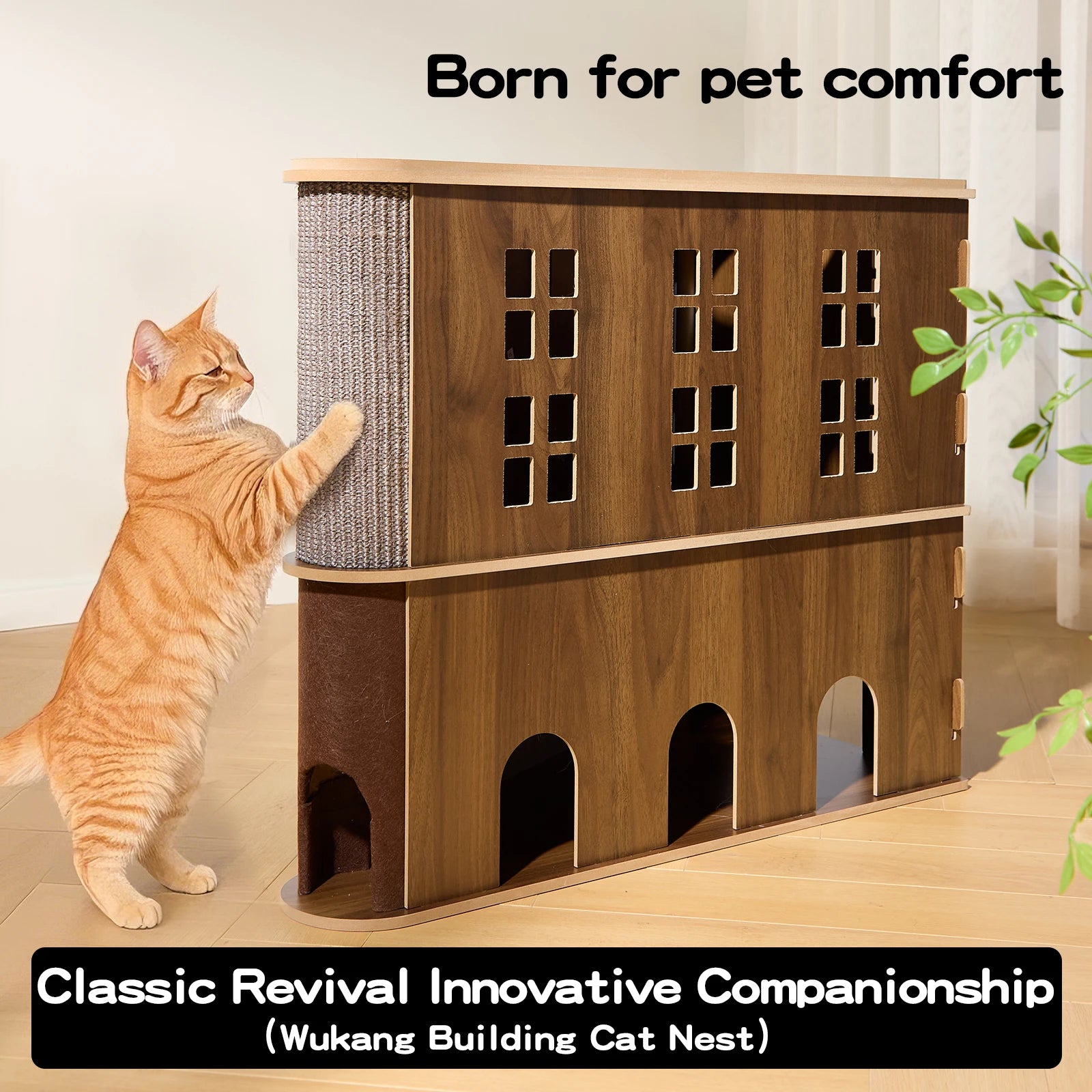 Wholesale Natural Wooden Cat House & Scratcher Combo - Detachable Cat Bed with Jute Scratcher Board