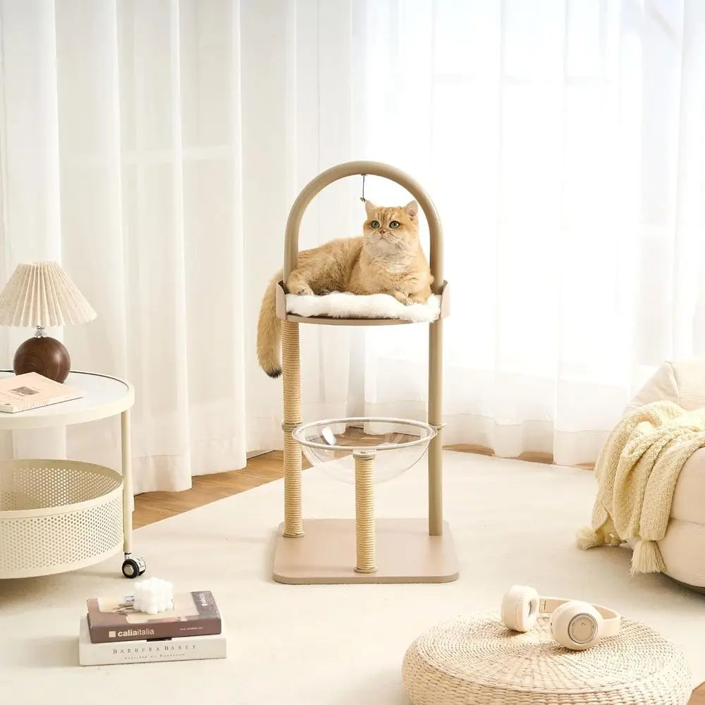 Stylish Wooden Cat Tower with Steel Frame, Scratching Posts, Capsule, Plush Mat, Bell Toy, Minimalist Heavy-Duty Climbing Tree f