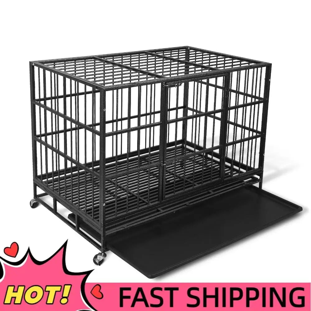 48inch Heavy Duty Dog Crate Double Door with Wheels Metal Pet Cage Reinforced Baseplate Escape Proof with 2 Removable Tray