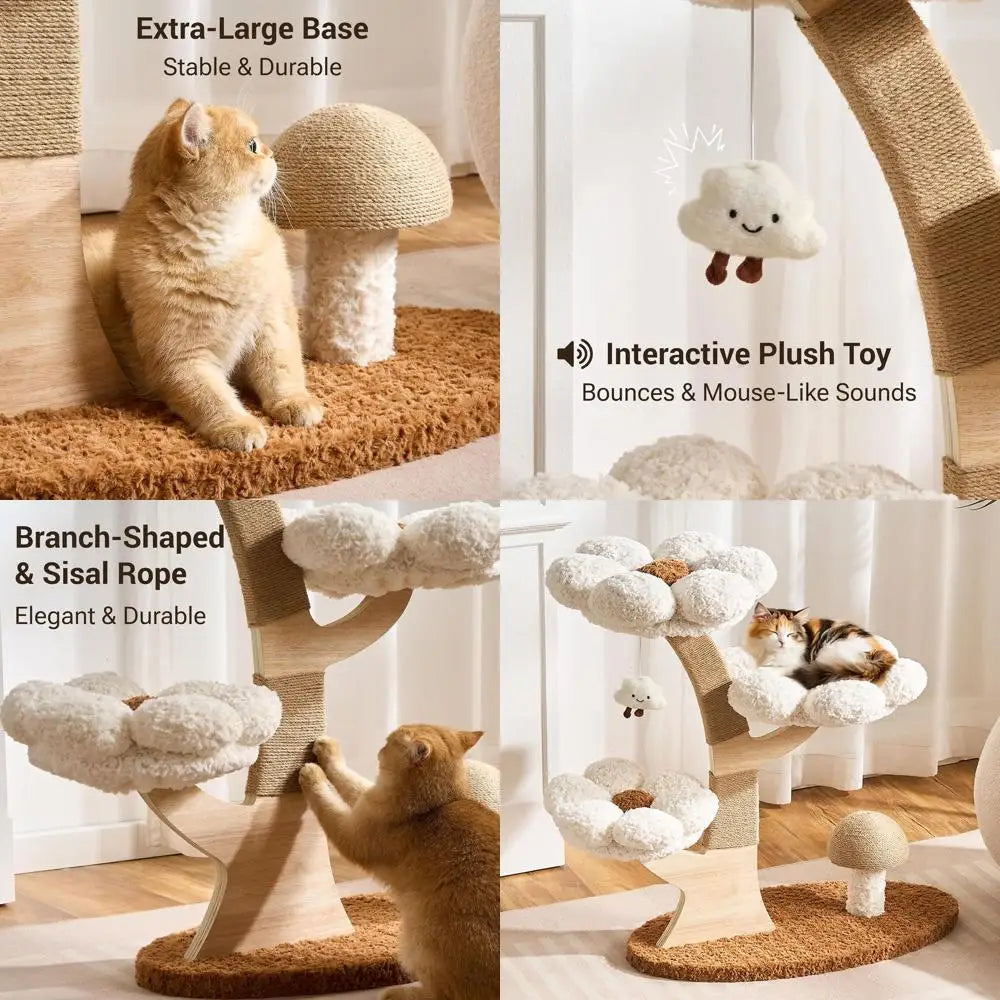 Large Indoor Cat Tree Tower with 37 Height, Modern Design, Flower Beds, Mushroom Scratcher, Interactive Toy, White
