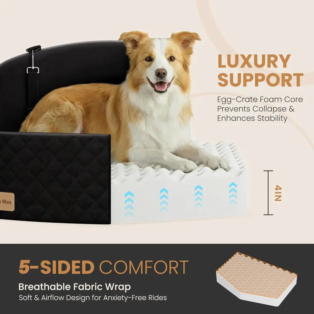 Premium Cushioned Dog Car Seat for Medium/Large Dogs up to 55 lbs or 2 Small Dogs with Removable Cover and 2 Safety Leashes